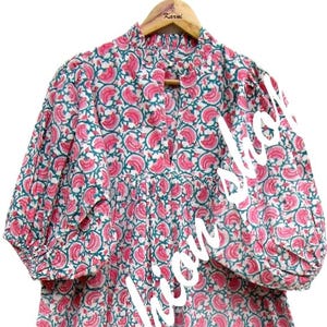 pink floral block printed summer maxi dress - v frill collarneckline bohemian dress - 3/4th sleeve cotton long maxi