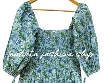 Blue Green Floral Cotton Maxi Dress – Square Neck Smocked Long Dress – Boho Half Sleeve Summer Dress