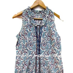 Blue Paisley Cotton Maxi Dress – Sleeveless Boho Ruffle Neck Summer Dress with Tassels