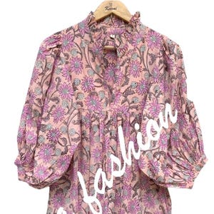 Pink Floral Block Print Maxi Dress - V Neck Frill Collar Boho Cotton Long Dress - 3/4 Sleeve Indian Summer Dress for Women