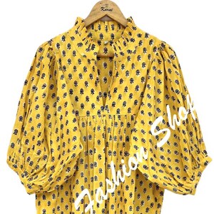 Boho Yellow Blue Floral Dress – Hand Block Print Cotton Dress – Ethnic Tiered Maxi