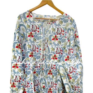 Floral Block Print Cotton Maxi Dress | Boho Drawstring Tunic | Handmade Long Sleeve Kaftan