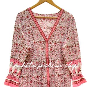 pink brown merry floral printed cotton long maxi dress - deep v neckline with buttons summer dress- long bell sleeve Indian maxi