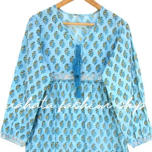 Blue Floral Cotton Dress – Hand block Printed Boho Midi Dress with Tassels – Lightweight Summer Long Sleeve Dress
