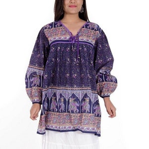 cotton purple floral screen printed blouse tops - v neck with tassel summer blouse - long sleeve bohemian tunics