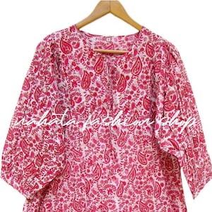 pink paisley cotton block printed maxi dress - Henley neckline with cotton ties long maxi - 3/4th sleeve with buttons dress