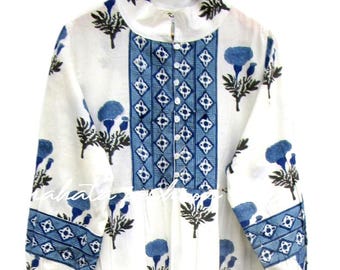 White & Indigo Floral Maxi Dress – Hand Block Print Cotton Dress – Tiered Boho Style