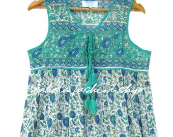 teal green floral screen printed summer maxi dress - v neckline with tassel long cotton dress - sleeve less bohemian maxi