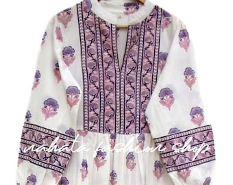 Floral Hand Block Printed Long Dress | Boho Style V Neck Dress with Long Sleeves | Cotton Ethnic Maxi Dress