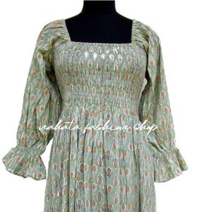 Green Smocked Cotton Maxi Dress – Floral Block Print Puff Sleeve Cottagecore Long Dress
