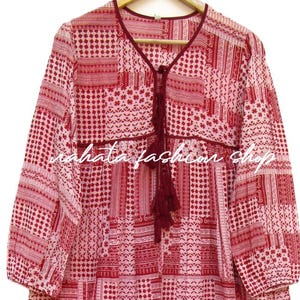 cotton reddish patch work printed long maxi dress - v neckline with tassel Indian maxi