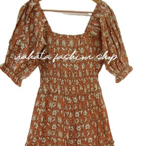 Rust Floral Smocked Cotton Midi Dress – Puff Sleeve Square Neck Boho Cottagecore Dress