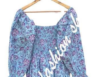 Boho Floral Smocked Maxi Dress - Off Shoulder, V Neck, Long Sleeve Cotton Dress - Hand Block Printed Women's Summer Dress