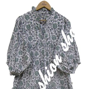 Green floral hand block printed cotton maxi dress – ruffle collar boho dress – 3/4 sleeve summer flowy long dress