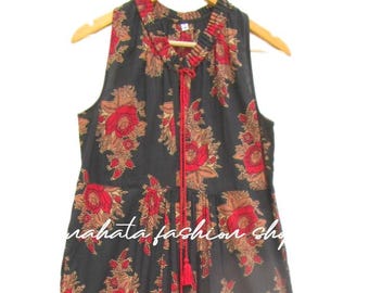 indian casual wear cotton long maxi dress - ruffle Henley neckline with tassel maxi dress - sleeve less maxi dress