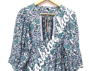 Mini-robe longue indienne verte-bleue à fleurs sérigraphiée pour femme - Mini-robe bohème à encolure ras du cou et liens en rayonne