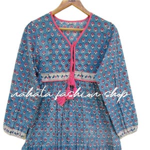 blue pink floral cotton block print maxi dress - boho v neckline dress with tassel - long sleeve tiered summer dress