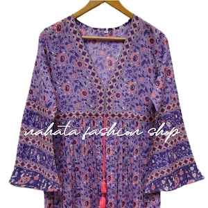 Boho Purple Floral Maxi Dress – V-Neck Tassel Belted Long Cotton Dress – Bell Sleeve Ethnic Print Dress – Handmade Indian Summer Dress