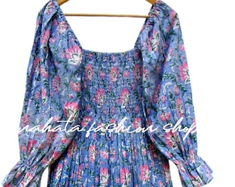 blue pink block printed pattern printed bohemian maxi dress - long bell sleeve maxi dress - square neckline with smocked maxi