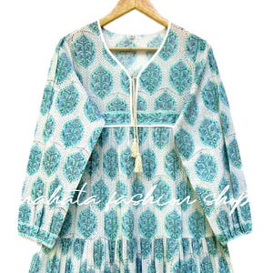 Green White Floral Cotton Dress – Hand Block Printed Long Boho Dress – Tiered Maxi with Tassels – Indian Summer Ethnic Dress