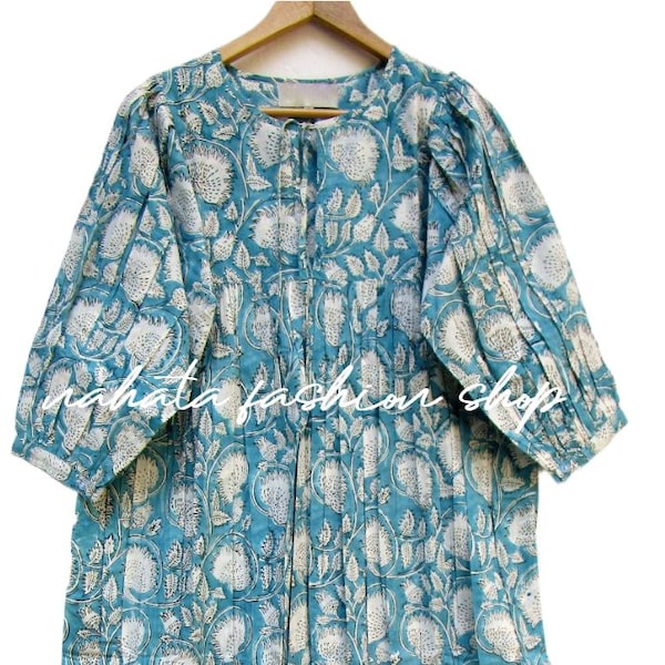 Blauwe katoenen maxi-jurk met bloemenblokprint - lange boho-jurk met ronde hals - zomerjurk met 3/4 mouwen - handgemaakt maxi-katoen