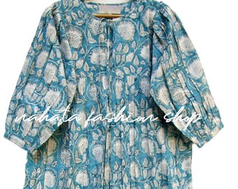 Blue Floral Block Printed Cotton Maxi Dress - Round Neck Long Bohemian Dress - 3/4 Sleeve Summer Flowy Dress - Handmade Cotton Maxi