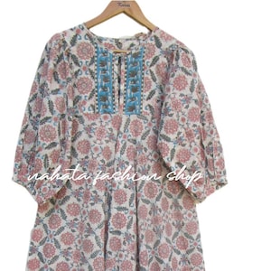 Floral Block Printed Cotton Maxi Dress with Smocked Detail and 3/4 Sleeves - Boho Summer Dress, Vintage Floral Maxi