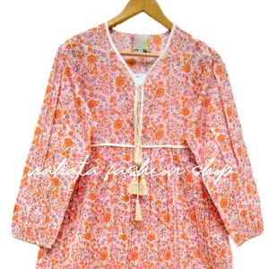 summer cotton orange flower women long maxi dress - v neckline with tassel bohemian dress - long sleeve maxi