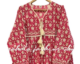 Pink Floral Cotton Hand Block Printed Bohemian Maxi Dress