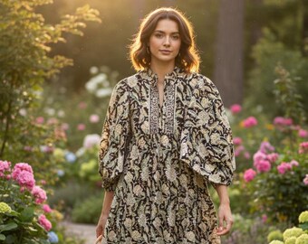 Black Floral Hand Block Printed Cotton Maxi Dress – Sage Cream Boho Tiered Dress