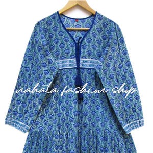 blue bell floral cotton block printed long maxi dress - long sleeve bohemian dress - v neckline with tassel summer maxi