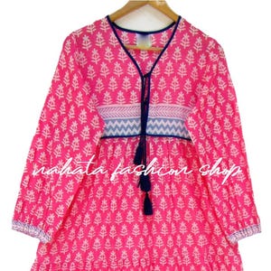fuchsia color geometrical printed cotton long maxi dress - v neckline with tassel bohemian dress - long sleeve summer maxi