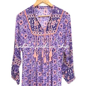 Purple Pink Floral Rayon Dress – Boho Tunic with Tassels – Lightweight Ethnic Midi Dress for Women