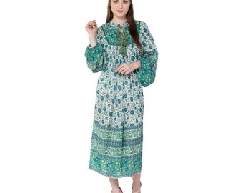Floral Rayon Maxi Dress – Bohemian Green Blue Long Sleeve