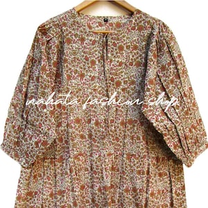Ethnic Forest Floral Mini Dress – Cotton Voile Henley Neck 3/4 Sleeve Summer Dress