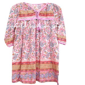 Pink Paisley Girls Boho Dress – Cotton Long Sleeve 70s Style Kids Summer Dress