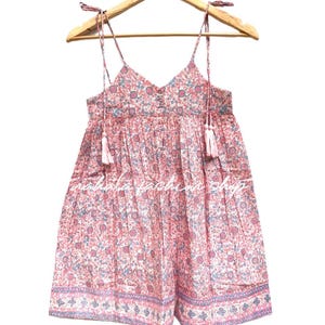 cotton floral printed pink girls dress - v neck tie tassel bohemian kids dress - sleeveless girls short maxi