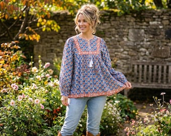 cotton printed summer blouse - Henley neckline with tassel Indian wear blouse - long sleeve traditional wear tunics