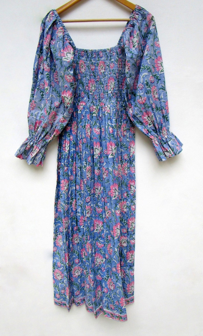 blue pink block printed pattern printed bohemian maxi dress long bell sleeve summer maxi dress square neckline with smocked maxi dress image 7
