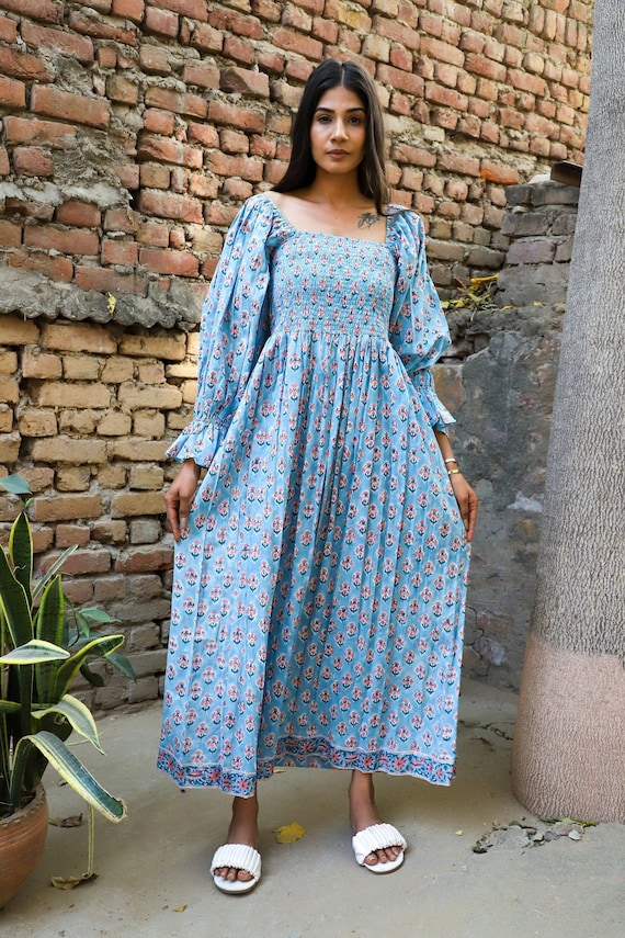 Traditional Block Printed Cotton Long Maxi Dress Square | Etsy