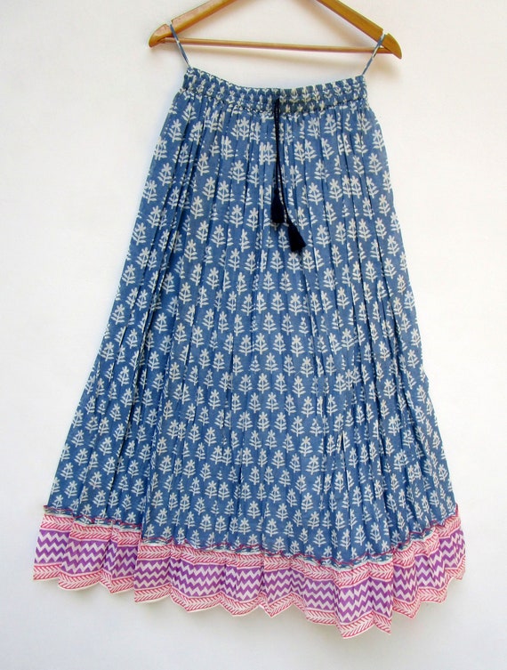 Maxi gonne lunghe in cotone stampato piante azzurre maxi gonne