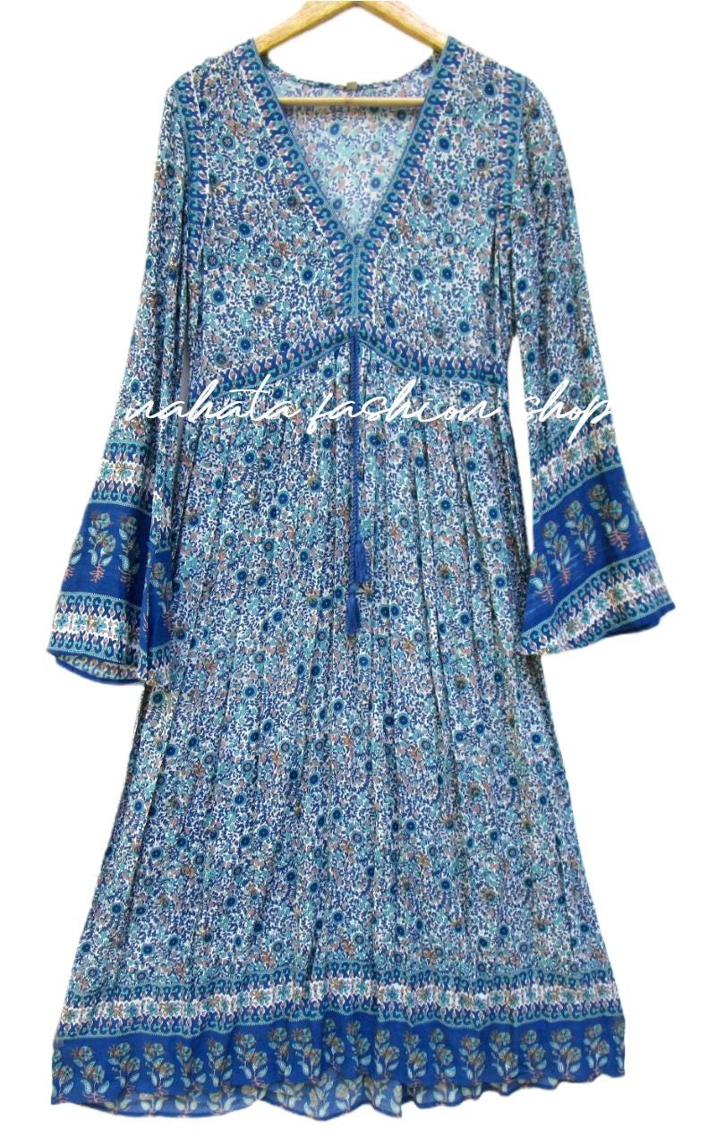rayon blue floral bell sleeve women's long maxi dress - v neckline with drawstring indian maxi dress - long bell sleeve maxi