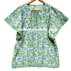 green blue printed blouse tops - split neckline Indian style blouse - short sleeve blouse