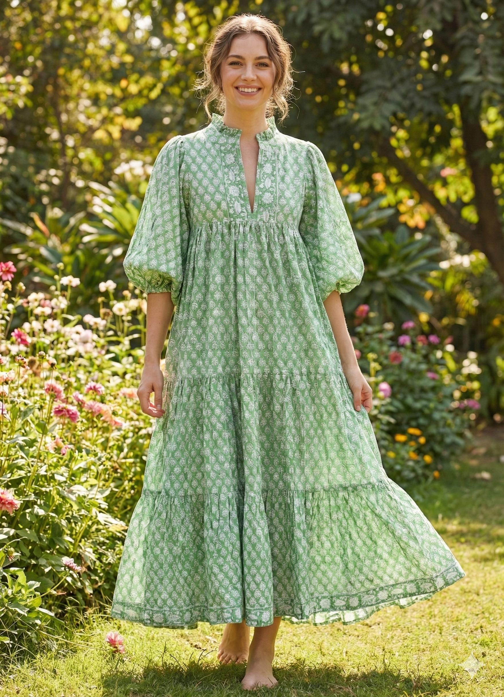 cotton maxi dress with sleeves Sage Green Floral Hand Block Printed – Indian Boho Tiered Puff Sleeve Dress summer dresses with sleeves One Shoulder Bridesmaid Lilac nude prom dress by Quince Size:12/XXS