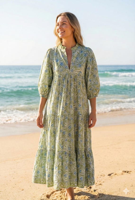 Olive Green Floral Hand Block Printed Cotton Maxi Dress – Indian Boho Tiered Long Dress