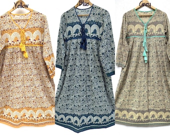 cotton peacock screen printed summer maxi dress - V neck with long sleeve long bohemian dress