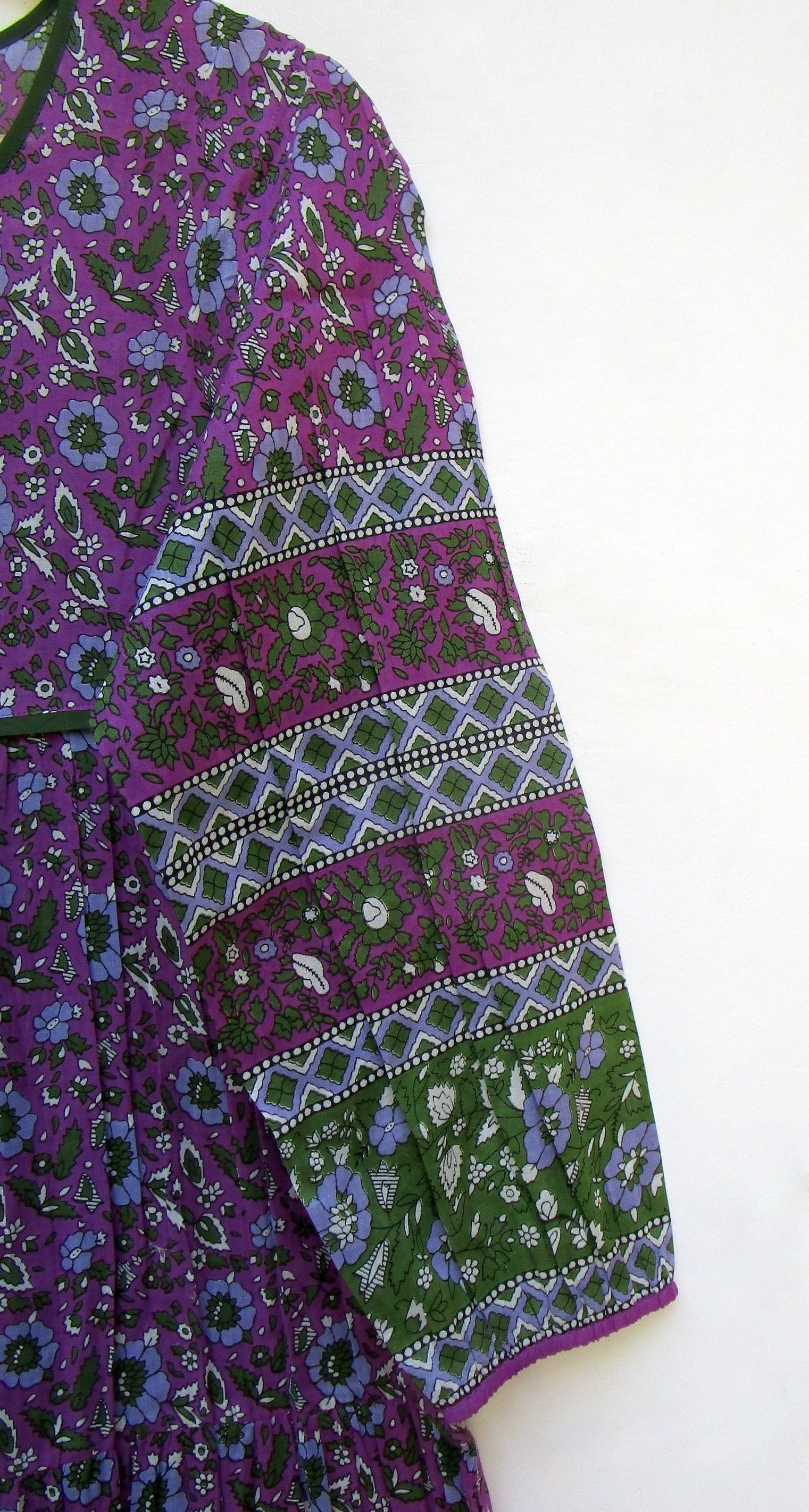 Purple Green Floral Maxi Dress - Boho Cotton Block Print Dress with Tassel Tie | Long Sleeve Indian Dress