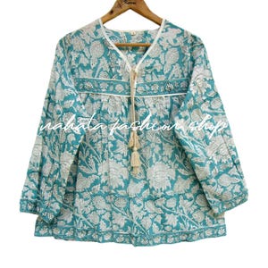 Hand Block Printed Boho Floral Blouse | Long Sleeve Cotton Tunic with Tassels | V-Neck Ethnic Top