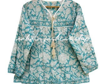Hand Block Printed Boho Floral Blouse | Long Sleeve Cotton Tunic with Tassels | V-Neck Ethnic Top