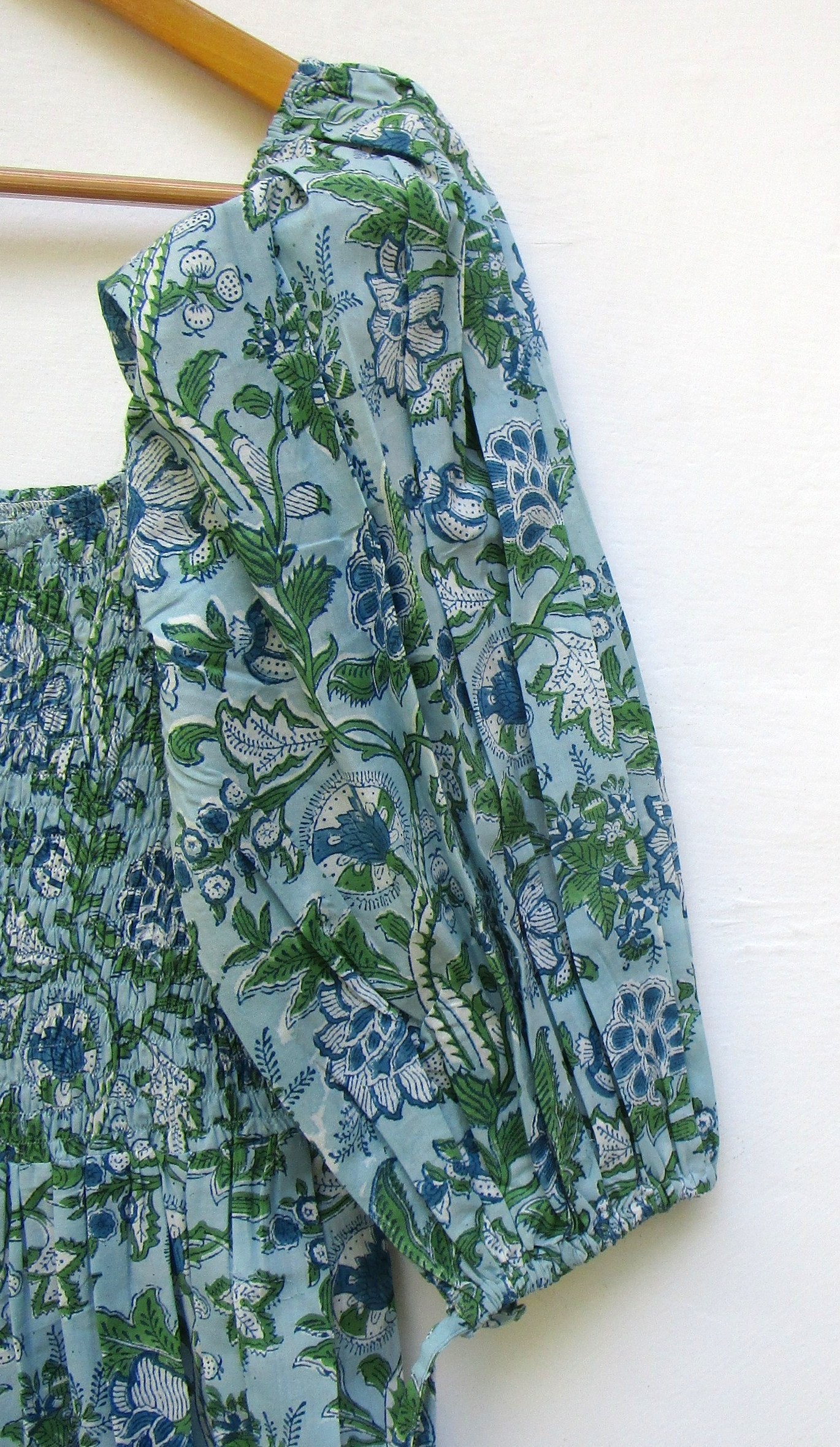 Blue Green Floral Cotton Maxi Dress - Square Neck Smocked Long Dress - Boho Half Sleeve Summer Dress Blue Green Floral Cotton Maxi Dress - Square Neck Smocked Long Dress - Boho Half Sleeve Summer Dress